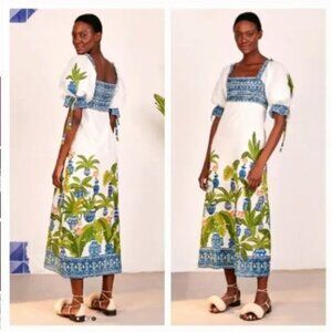 Farm Rio Vase Forest Print Smocked Maxi Dress Tropical Blue Floral Size Medium